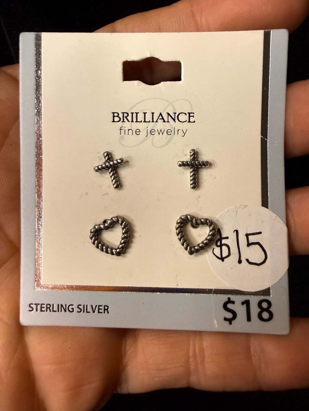 Brilliance Fine Jewelry Sterling Silver Rope Heart and Cross Stud Earring Set